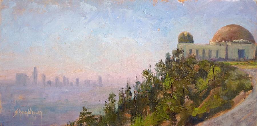 Griffith Observatory Painting - Observing Downtown by Sharon Weaver