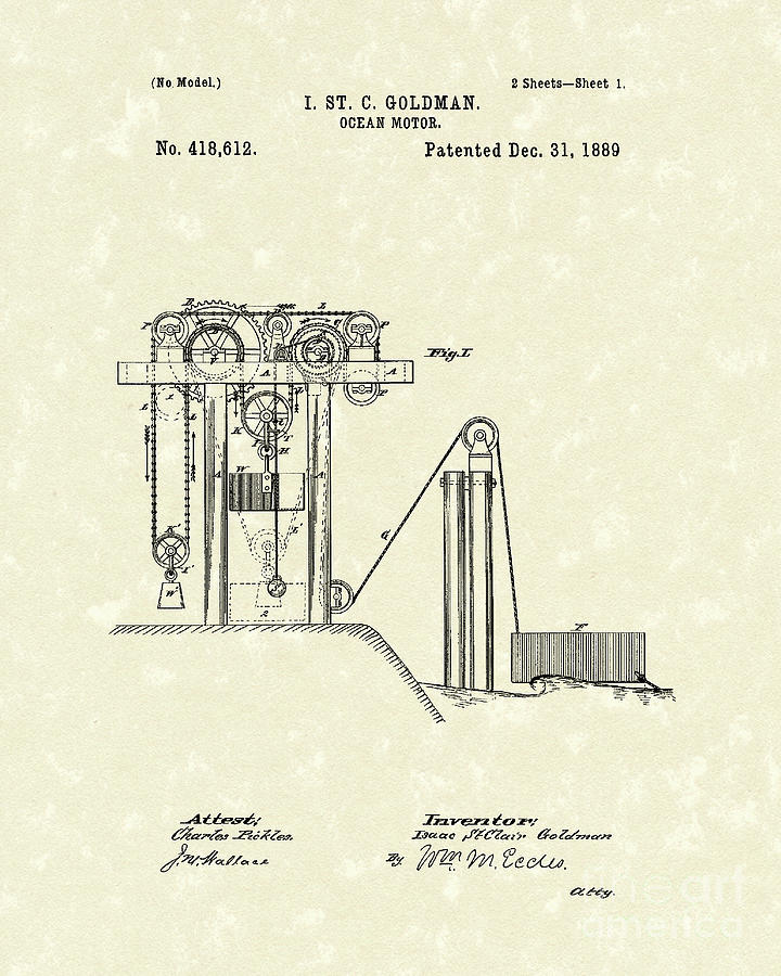 Ocean Motor 1889 Patent Art Drawing by Prior Art Design