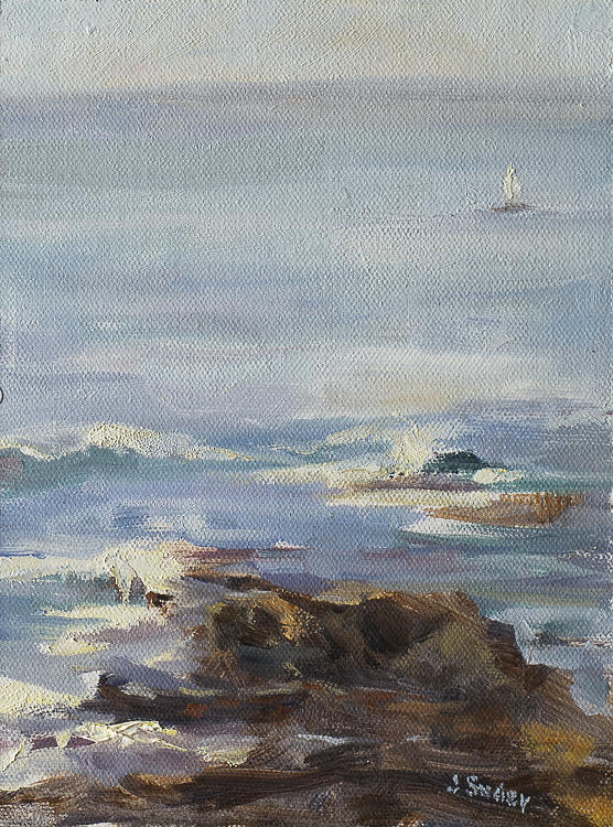Ocean rocks with sailboat Painting by Joyce Snyder
