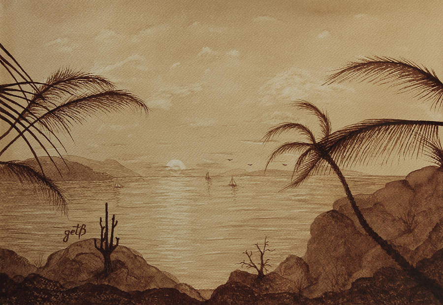 Ocean Sunset Painting - Ocean Rocky Coast Sunset Original Coffee Painting by Georgeta Blanaru