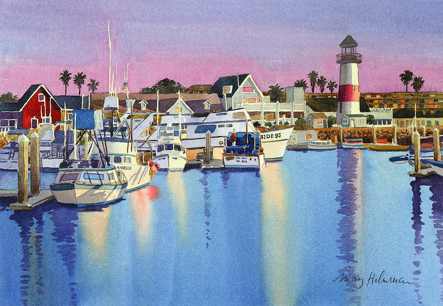 Oceanside Painting - Oceanside Harbor at Dusk by Mary Helmreich