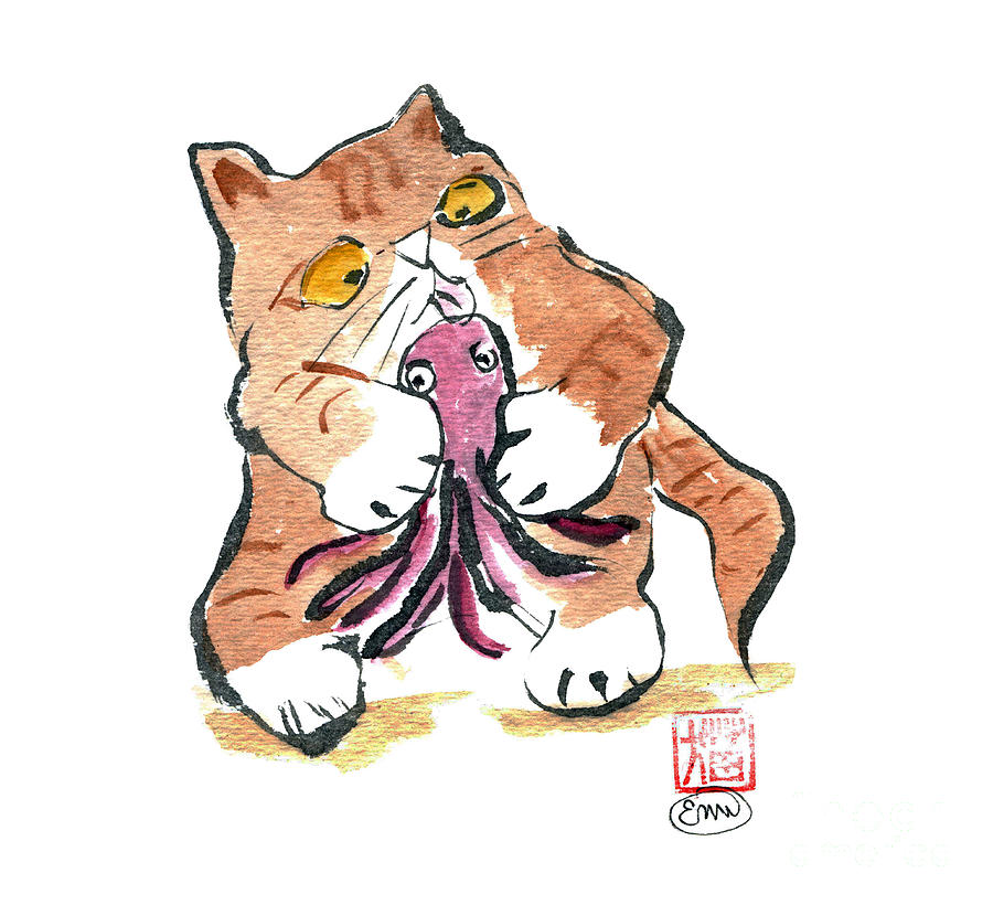 Octopus Toy and Tiger Kitty Painting by Ellen Miffitt