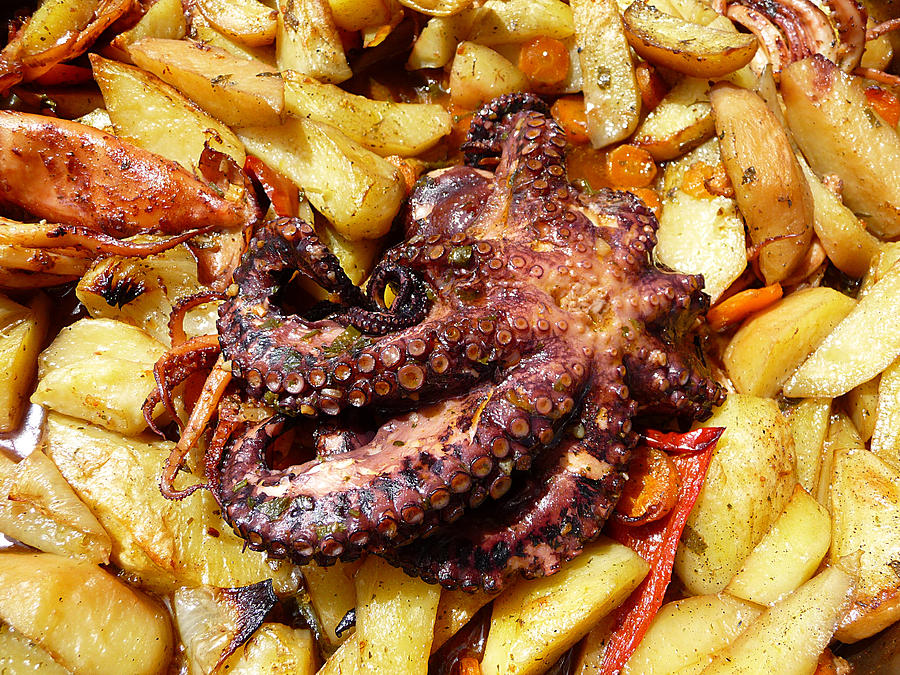 Octopussy with potato baked in olive oil Photograph by Brch Photography