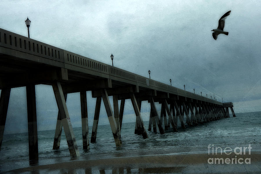 Oean Pier - Surreal Stormy Blue Pier Beach Ocean Fishing Pier With Seagull Photograph by Kathy Fornal