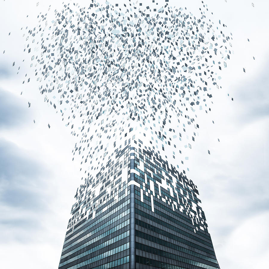 Office Building Flying Apart Photograph by PM Images