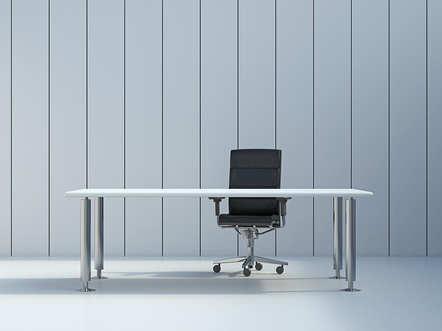 Office chair and conference table in front of grey wall panel, 3D Rendering Drawing by Westend61