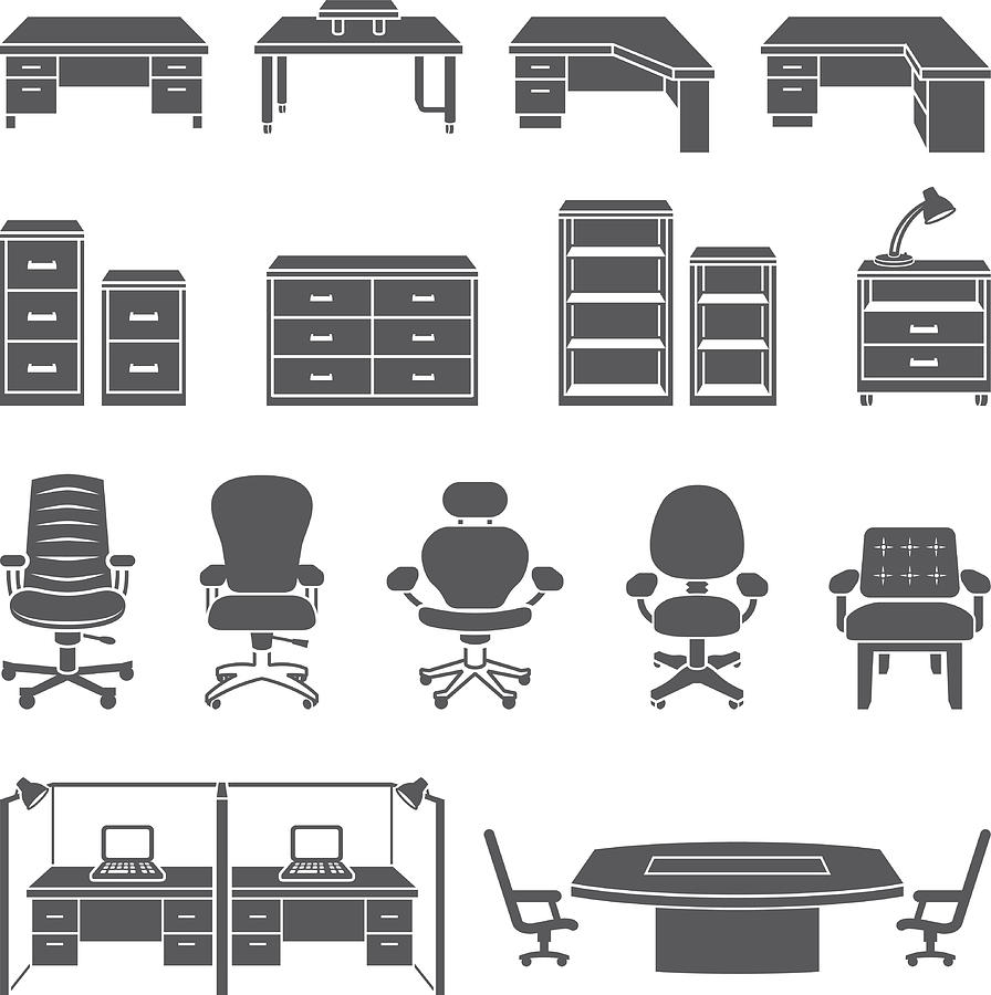 Office Furniture black & white royalty free vector icon set Drawing by Bubaone