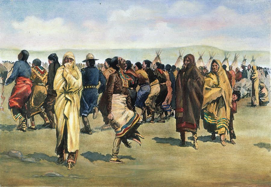 Ogalala Sioux Ghost Dance Drawing by Frederic Remington