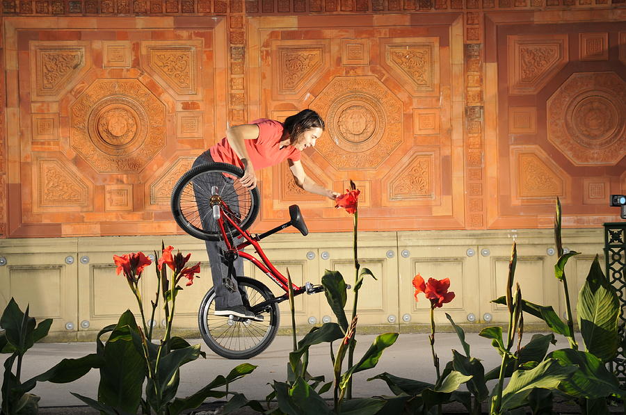 Oh a pretty flower - funny BMX flatland pic with Monika Hinz Photograph by Matthias Hauser