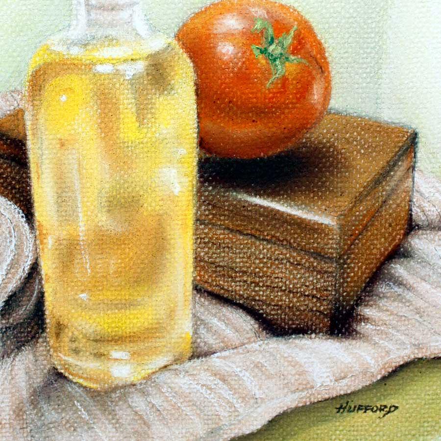 Still Life Pastel - Oil Bottle and Tomato by Mark Hufford