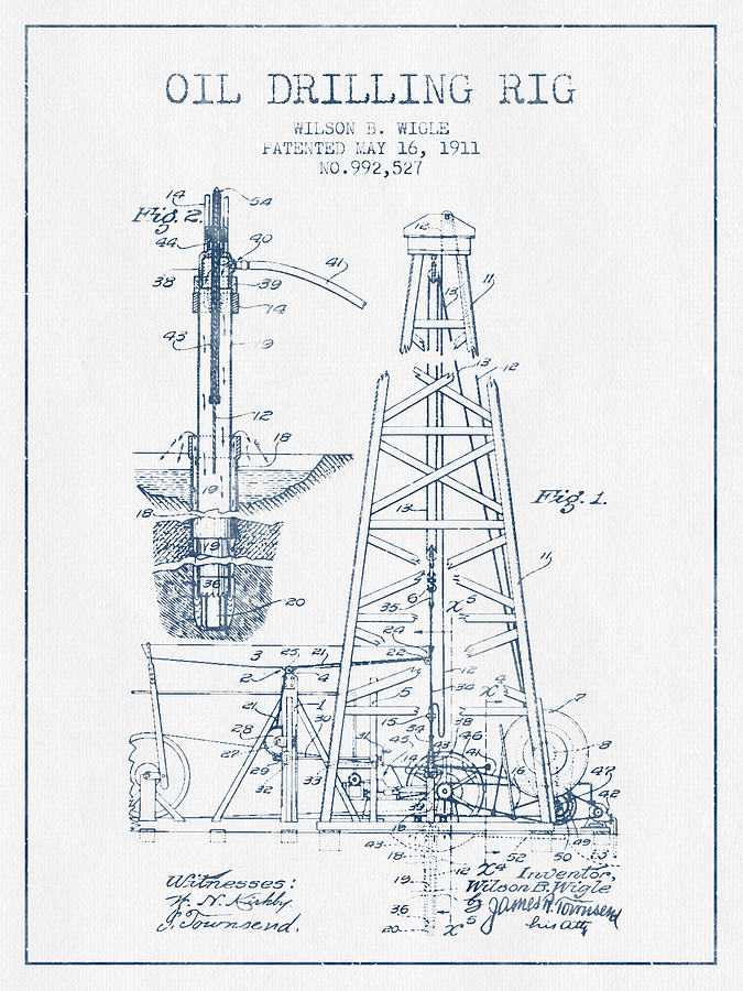 Oil drilling rig Patent from 1911 - Blue Ink Digital Art by Aged Pixel ...