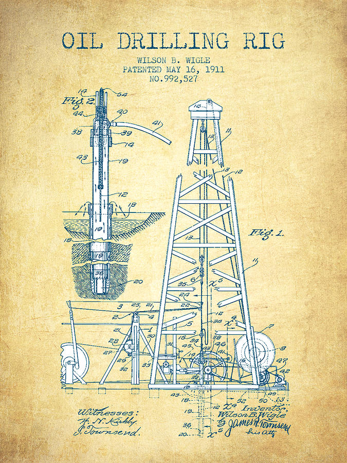 Vintage Drawing - Oil drilling rig Patent from 1911 - Vintage Paper by Aged Pixel
