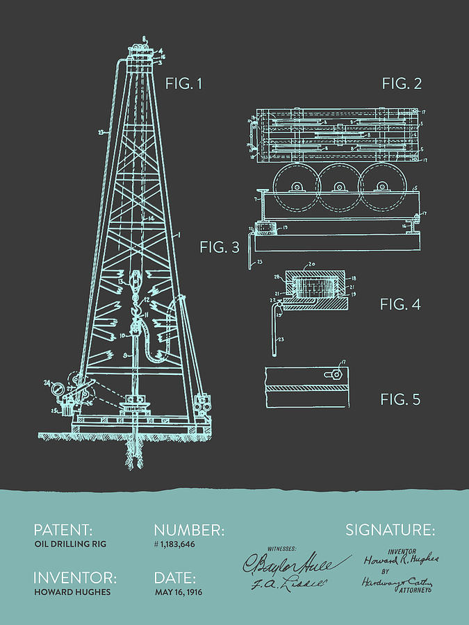 Oil Drilling Rig Patent From 1916 - Modern Gray Blue Digital Art