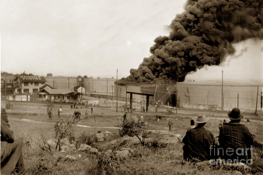 Oil Tank Photograph - Oil Tank Fire Sept 14th 1924 and A. C. Heidricks Photo studio and Home by Monterey County Historical Society