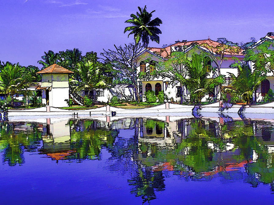 Oil Painting - Cottages and lagoon water Digital Art by Ashish Agarwal