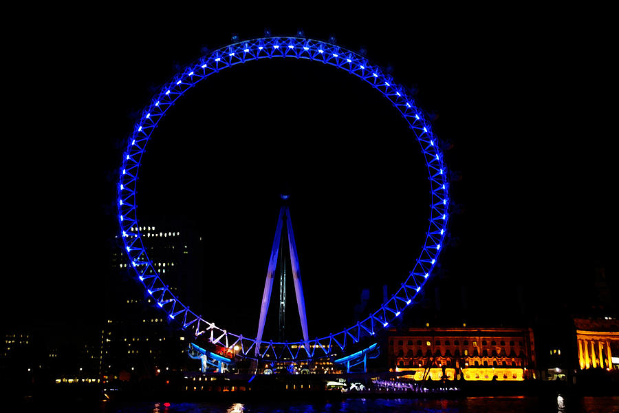 Oil Painting - London Eye in blue light at night Digital Art by Ashish Agarwal