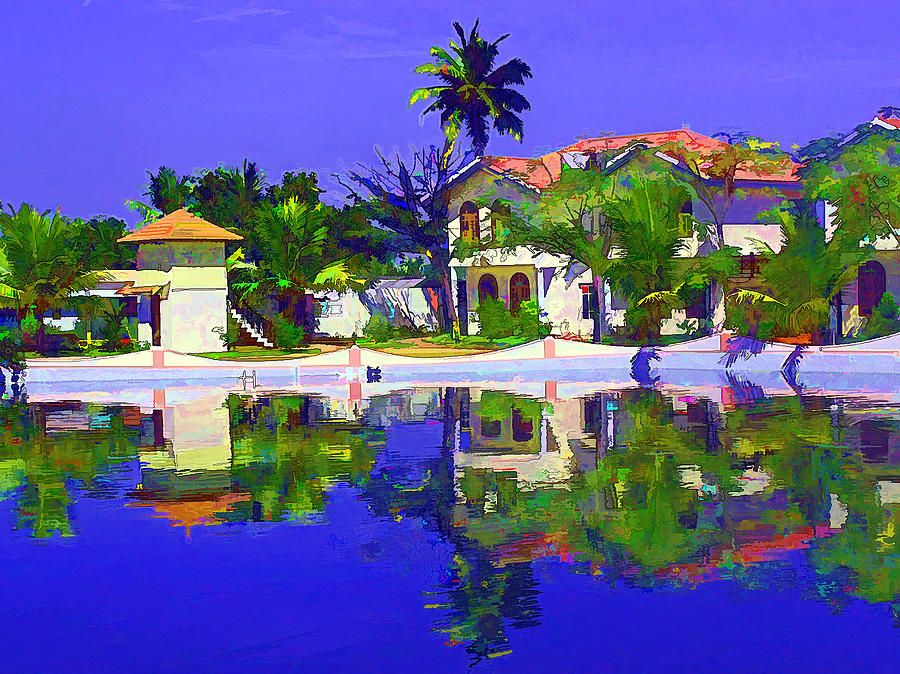 Oil Painting - View of the cottages and lagoon water Digital Art by Ashish Agarwal