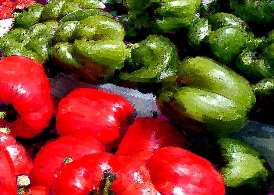 Vegetable Painting - Oil Painting of Red and Green Peppers by Elaine Plesser