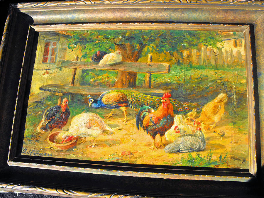 Rooster Painting - Oil painting on canvas signed in LLQ A. Hoffmann representing a farm scene by A Hoffmann