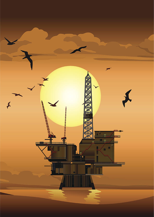 Oil Platform at Sunset Drawing by Youst
