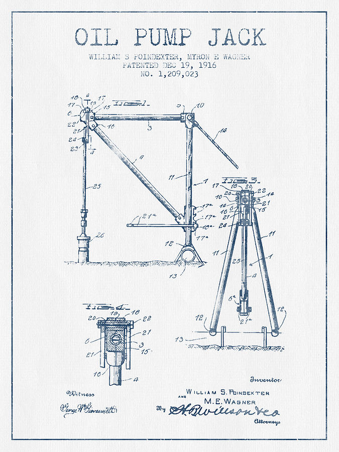 Oil Pump Jack Patent Drawing From 1916 -  Blue Ink Digital Art