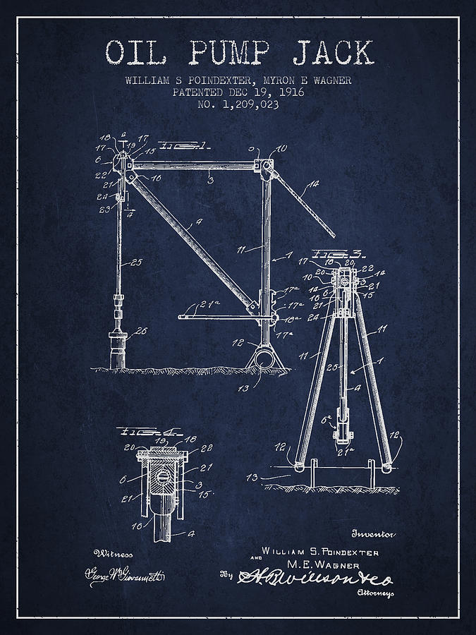 Vintage Digital Art - Oil Pump Jack Patent Drawing From 1916 - Navy Blue by Aged Pixel