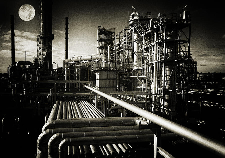 Oil Refinery And Moonlight Grain And Grunge Photograph by Christian Lagereek