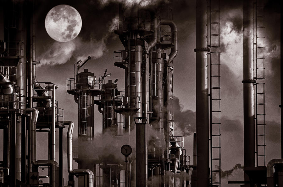 Oil Refinery With A Surreal Moonlight Photograph by Christian Lagereek