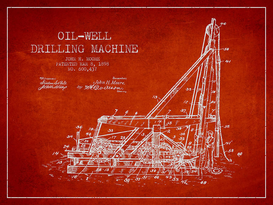 Vintage Drawing - Oil Well drilling Machine Patent from 1898 - Red by Aged Pixel