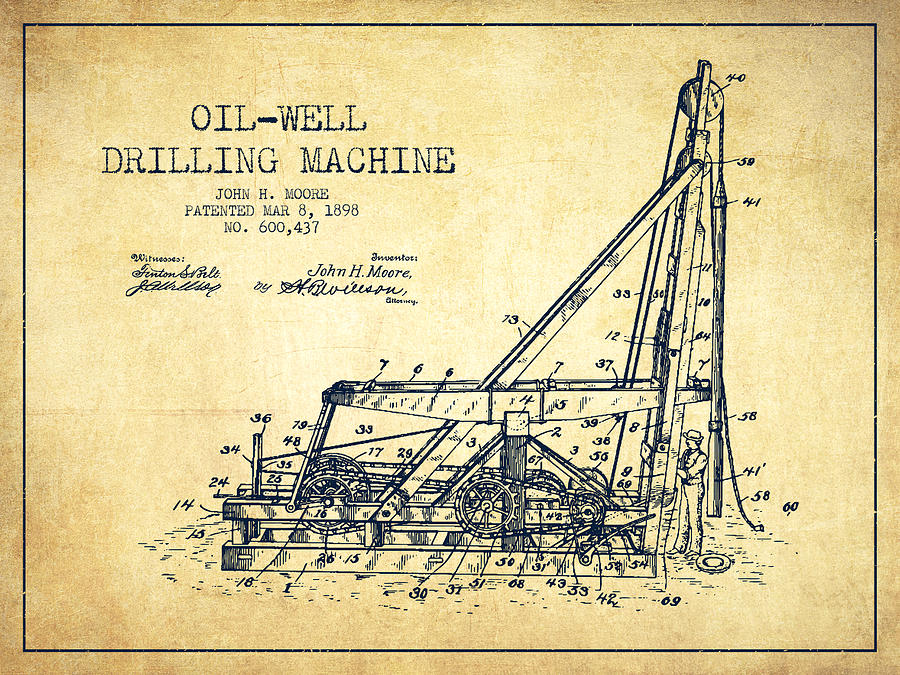Vintage Drawing - Oil Well drilling Machine Patent from 1898 - Vintage by Aged Pixel