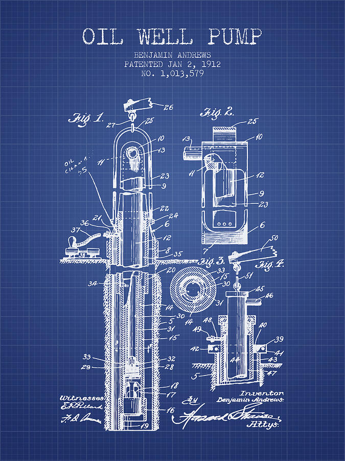 Oil Well Pump Patent From 1912 - Blueprint Digital Art