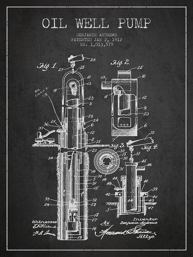 Vintage Digital Art - Oil Well Pump Patent From 1912 - Dark by Aged Pixel
