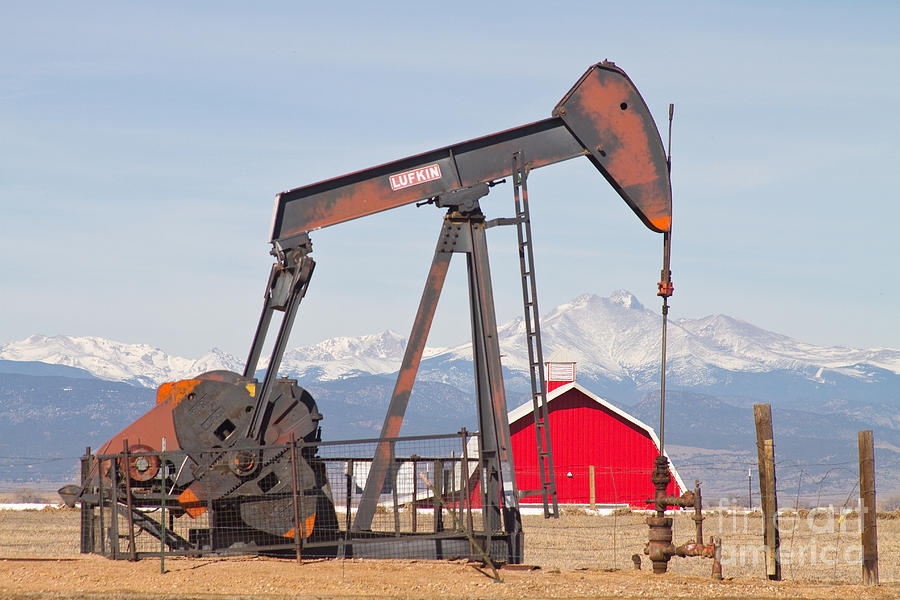 Mountain Photograph - Oil Well Pumpjack Red Barn and Longs Peak by James BO Insogna
