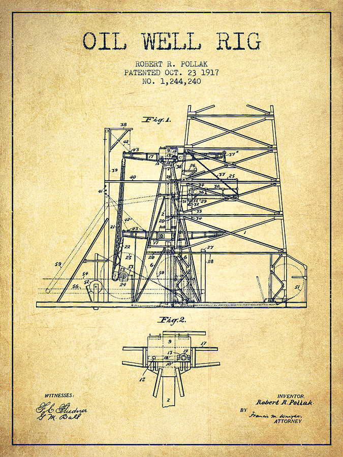Vintage Digital Art - Oil Well Rig Patent from 1917- Vintage by Aged Pixel