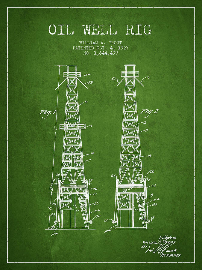 Vintage Digital Art - Oil Well Rig Patent from 1927 - Green by Aged Pixel
