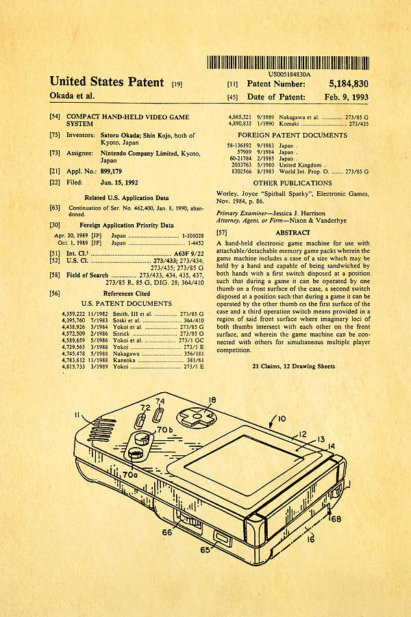 Appliance Photograph - Okada Nintendo Gameboy Patent Art 1993 by Ian Monk