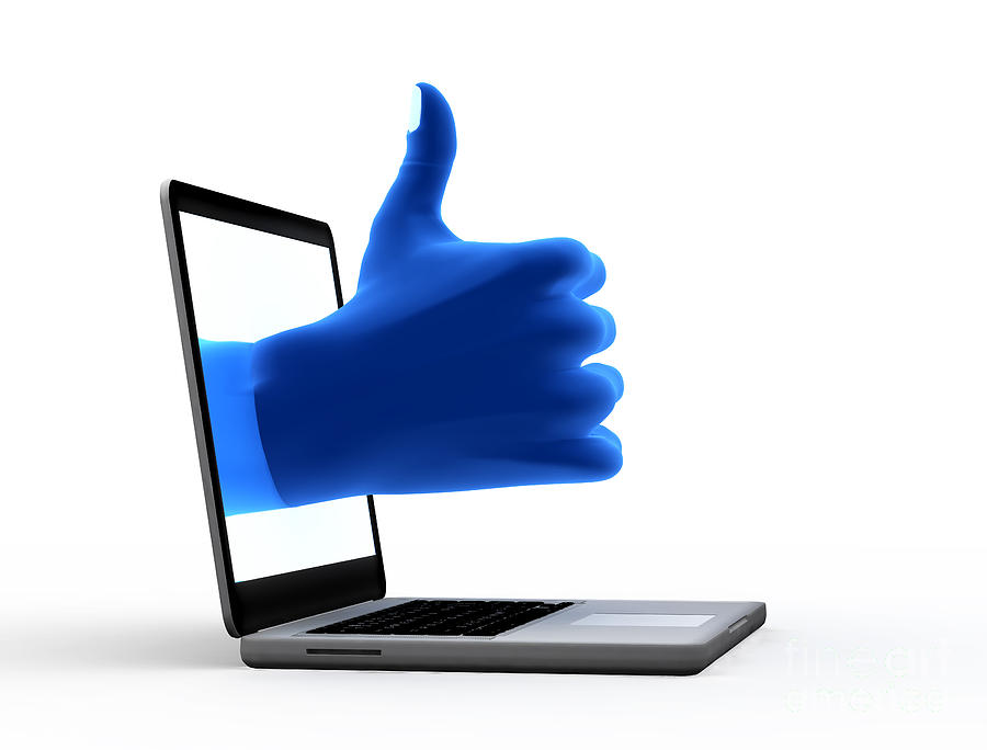 Abstract Digital Art - Okay gesture Blue hand from screen by Michal Bednarek