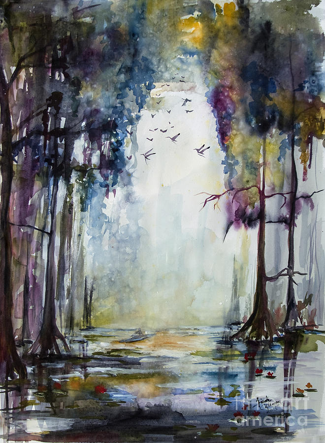 Wetland Morning Trees Water and Birds Painting by Ginette Callaway