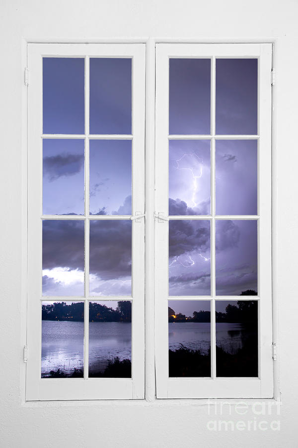 Nature Photograph - Old 16 Pane White Window Stormy Lightning Lake View by James BO Insogna