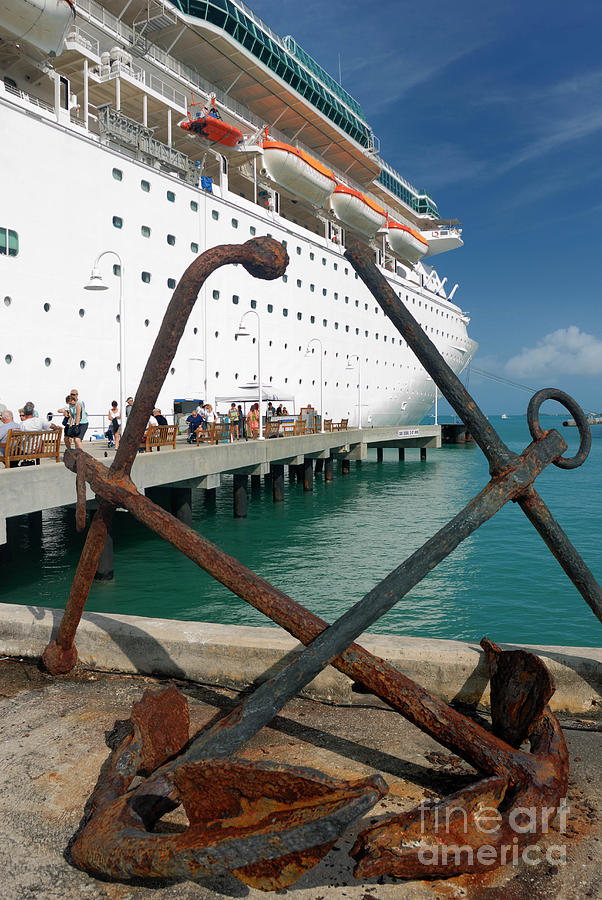Pier Photograph - Old Anchors Near Cruise Ship by Amy Cicconi