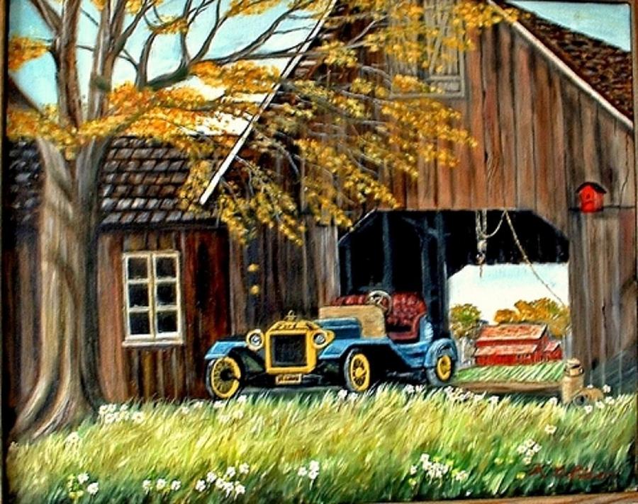 Old Barn And Old Car Painting By Kenneth Lepoidevin