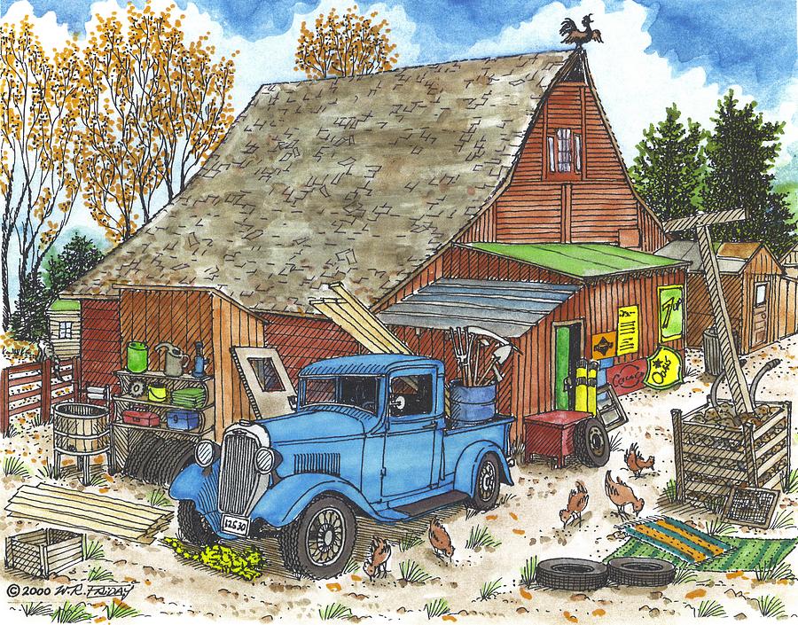 Old Barn With Antique Pickup Truck Drawing by Bill Friday