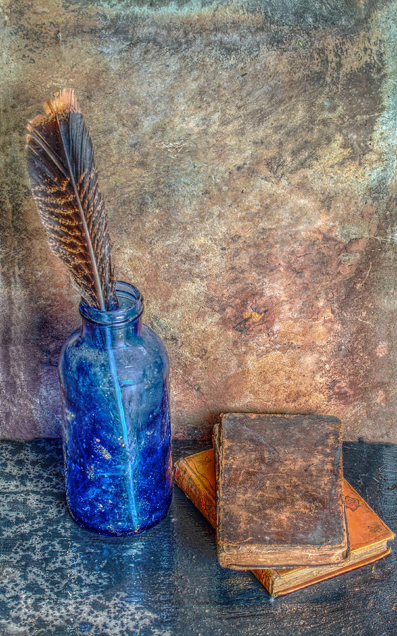 Old Books A Bottle and a Feather Still Life Digital Art by Randy Steele