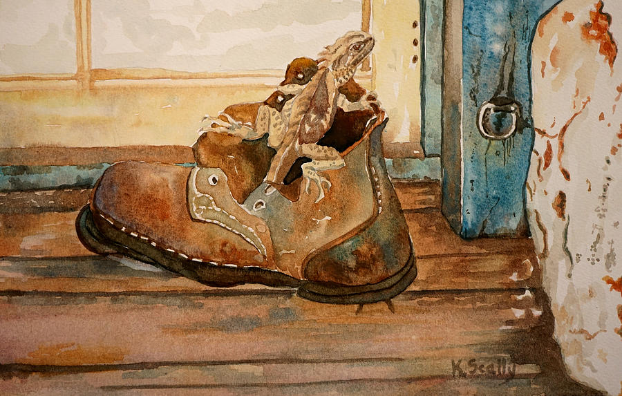 Old Boot With Lizard Painting