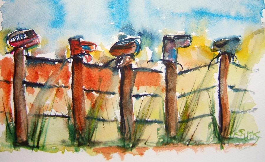 Old Boots on Old Fence Painting by Elaine Duras