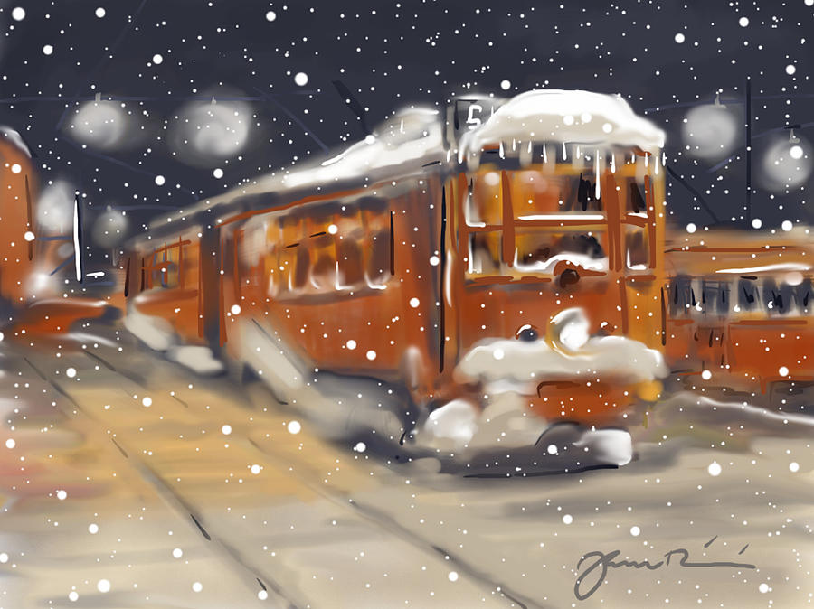Old Boston Trolley In The Snow Painting by Jean Pacheco Ravinski