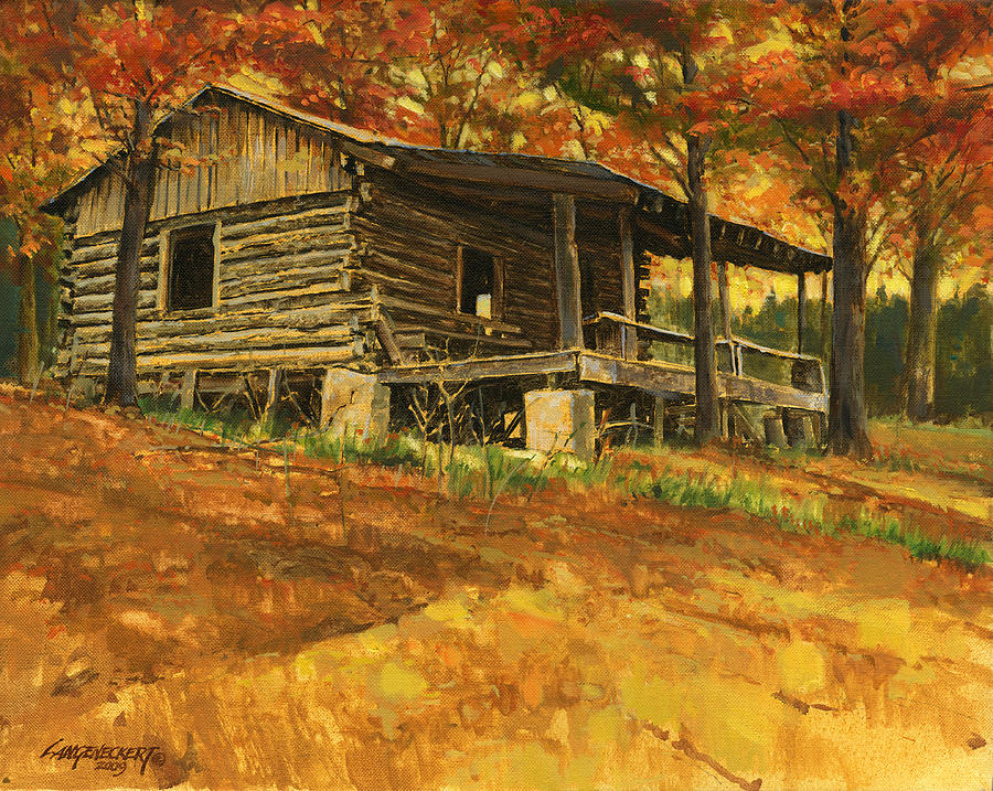 Old Cabin in Autumn Painting by Don Langeneckert