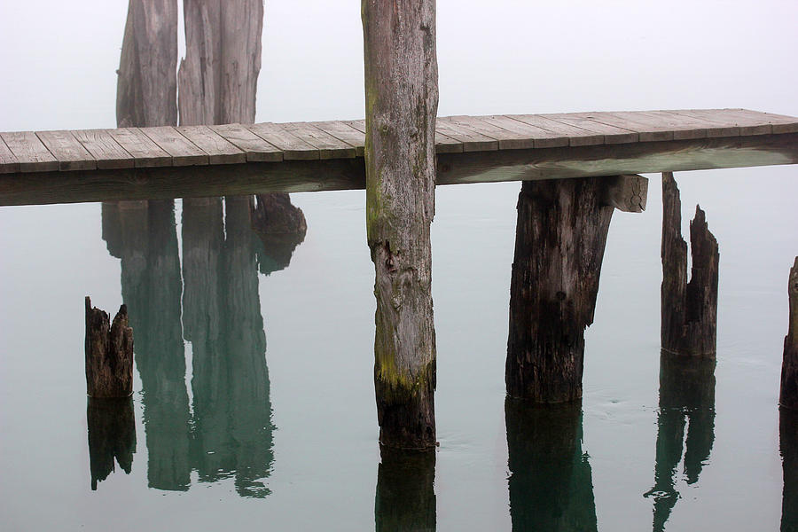 Old Dock and Old Pilings in Fog Photograph by Mary Bedy