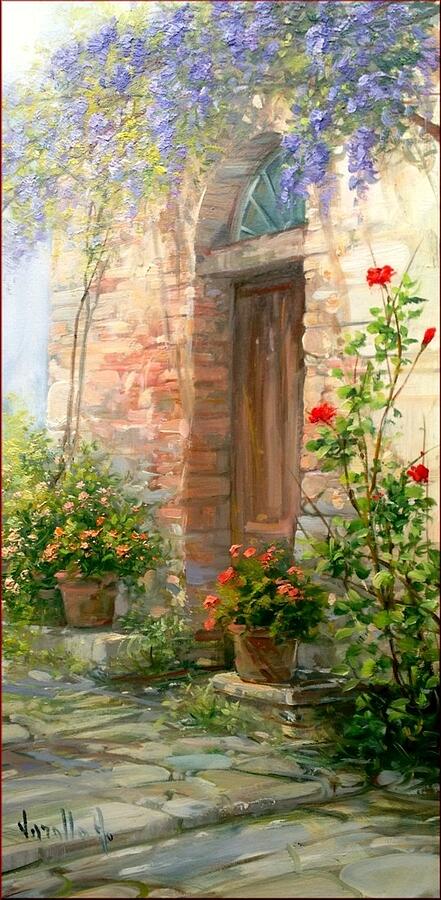 Old Door With Flowers Painting by Antonietta Varallo