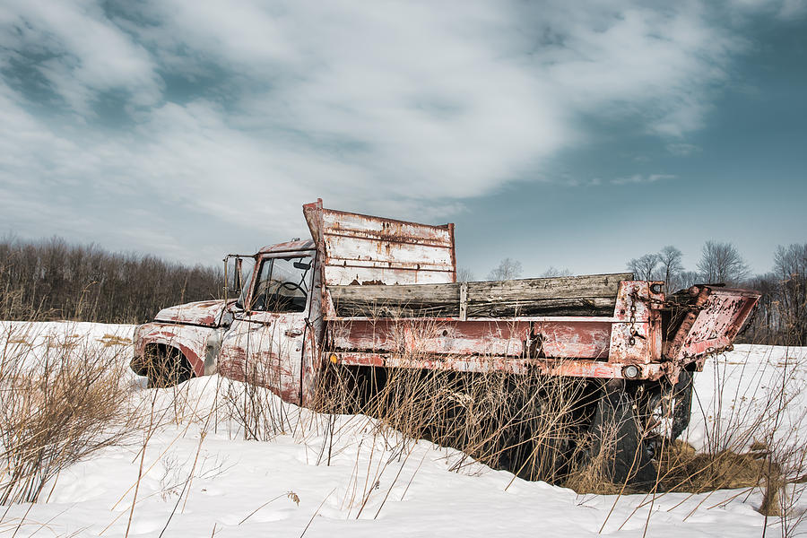 Landscape Photograph - Old dump truck - winter landscape by Gary Heller